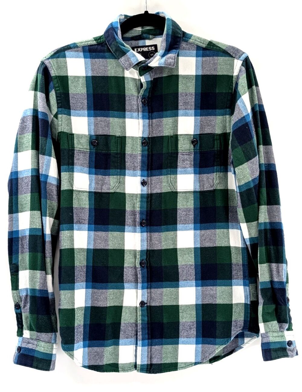 Express Soft Flannel Teal Blue Green Plaid Button Up Collared Shirt Size Small